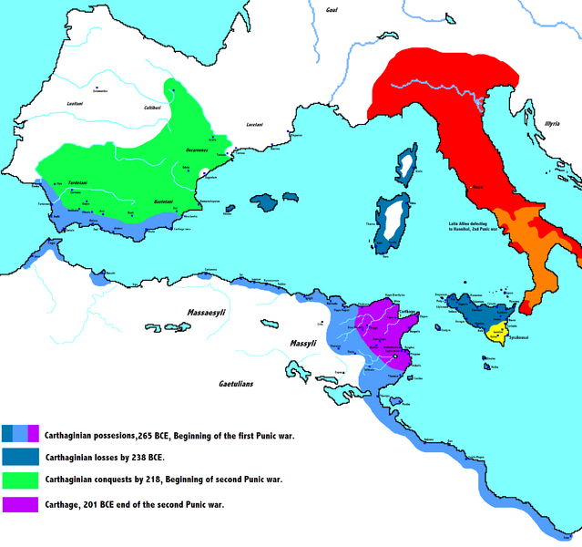 Kartagina za vreme Punskih ratova:|1.Kartagina pre ratova, 265.god.pne|2.Kartaginski gubici 238.god.pne|3.Kartaginska osvajanja 218.god.pne, početak II Punskog rata.|4.Kartagina posle II Punskog rata